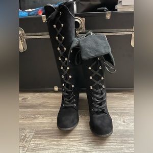 Light In The Box; Black, suede, heeled, calf, lace-up boots Size 9.5